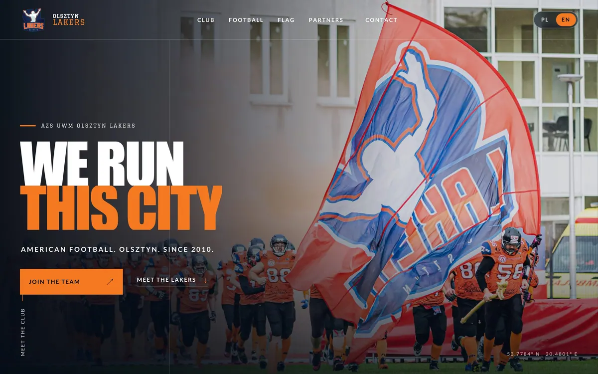 Olsztyn Lakers homepage on desktop: the headline “We run this city” over match-day photography of the team
