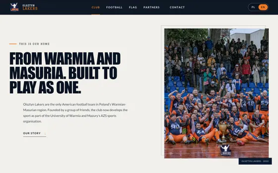 Olsztyn Lakers club introduction section with editorial typography and a team photograph