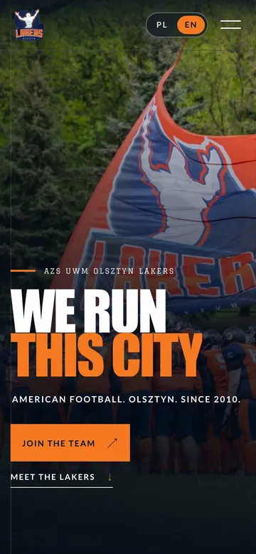 Olsztyn Lakers homepage on a mobile phone, showing the responsive layout of the same headline